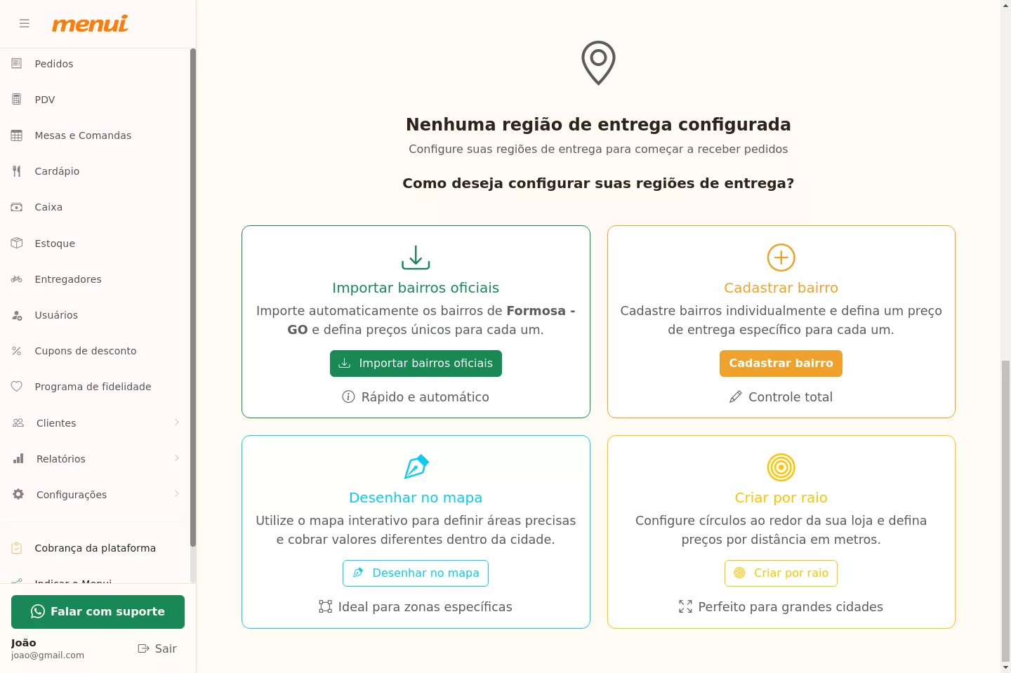 Opções de configuração das regiões de entrega no Menui