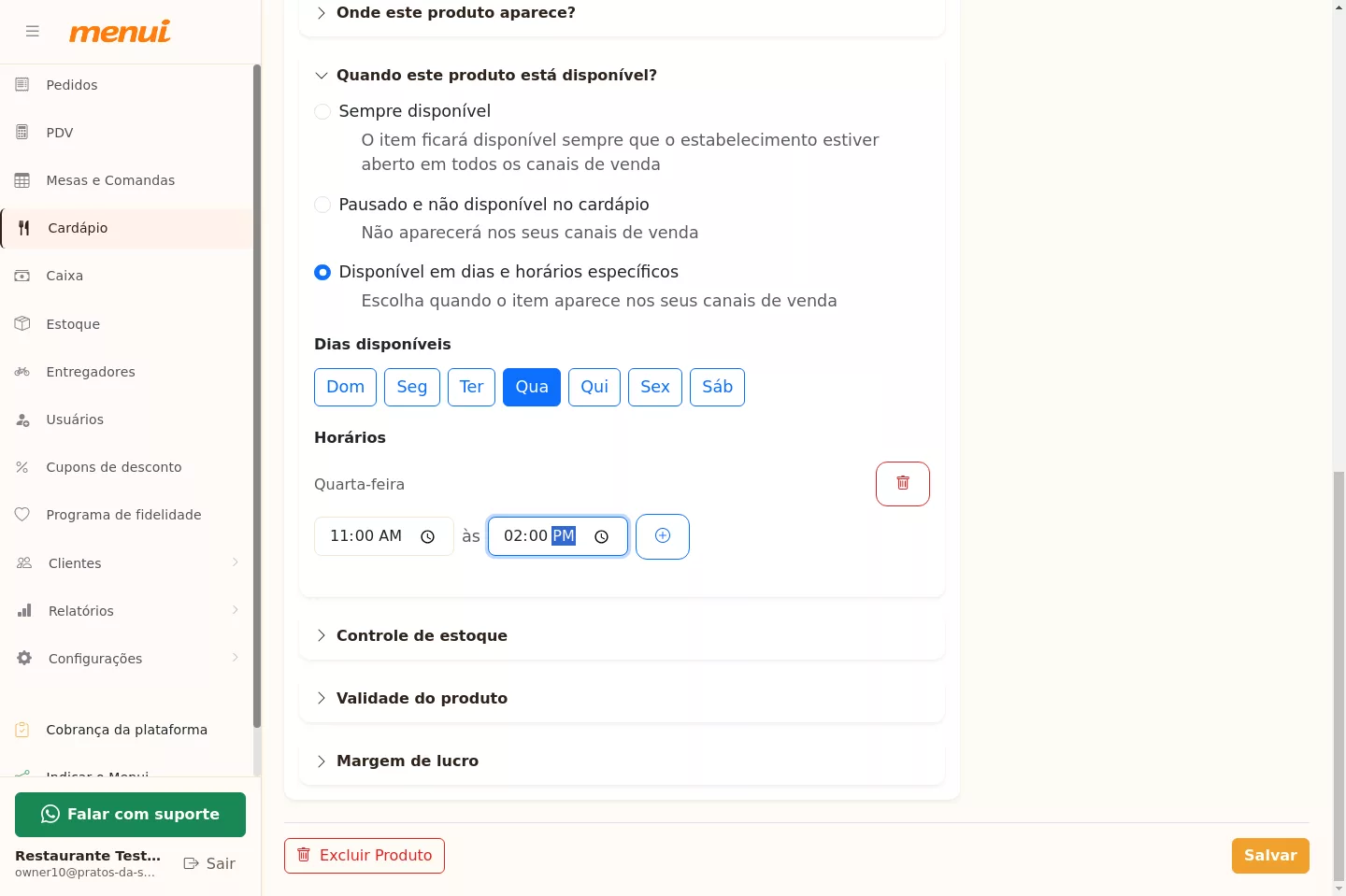 Configuração dos horários do produto agendado no Menui